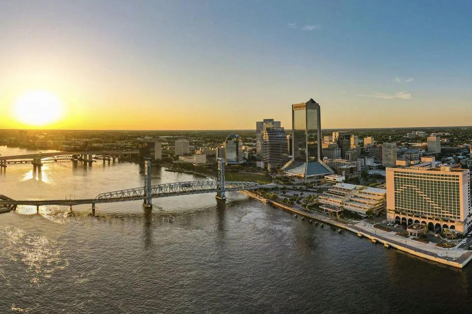 Jacksonville’s downtown skyline and river crossings photographed at sunset.
