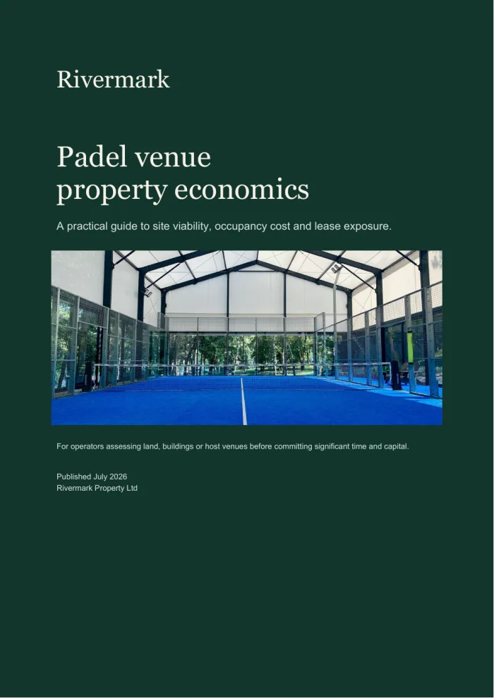 Cover of Rivermark's Padel venue property economics guide, showing an empty indoor padel court.